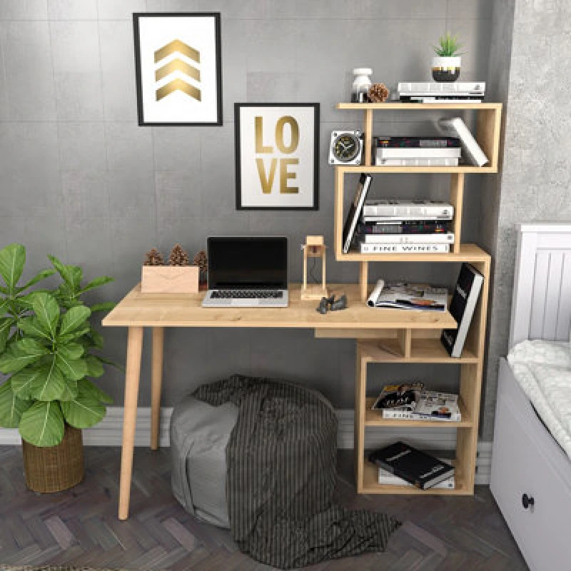 Image of Decorotika Vina Computer Desk Study Desk With Included Bookshelf Shelving Unit - Oak, Yellow VIN47CD03