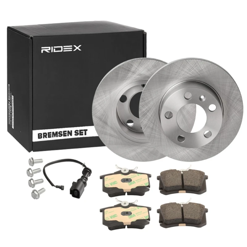 Image of RIDEX 3405B0821 Brake disc and pads set Rear Axle, Brake Disc Type: Solid, incl. wear warning contact Brake Set,disc brakes (3405)
