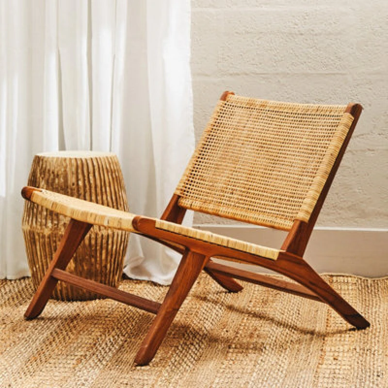 Image of Orsina Teak Wood And Natural Rattan Lounge Chair, Low Profile Woven Armchair For Living Room, Chair With Wide Seat