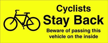 image of Outdoor Vinyl Sticker Yellow Cyclists Stay Back Beware CASTLE PROMOTIONS V583