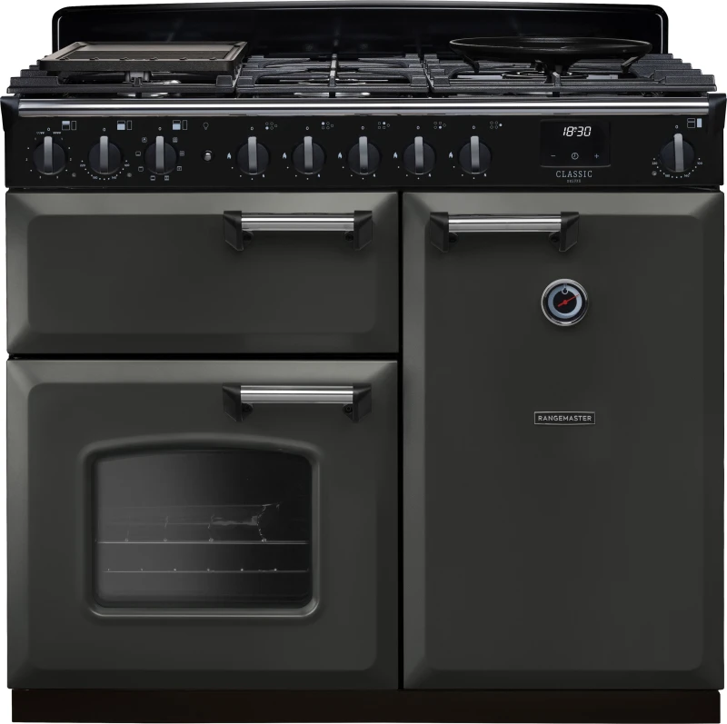 Image of Rangemaster Classic Deluxe 100 Dual Fuel CLDL100DFPSLT/CM1 100cm wide Dual Fuel Range Cooker with Gas Hob - Slate / Chrome - A/A Rated