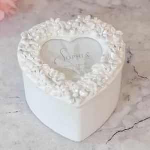 image of White Floral Resin Heart Shaped Trinket Box with Frame Lid