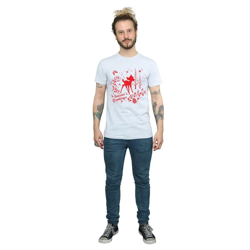 Image of Disney Men Bambi Christmas Greetings T-Shirt in Grey Size: Small Grey S Male 5057245993999