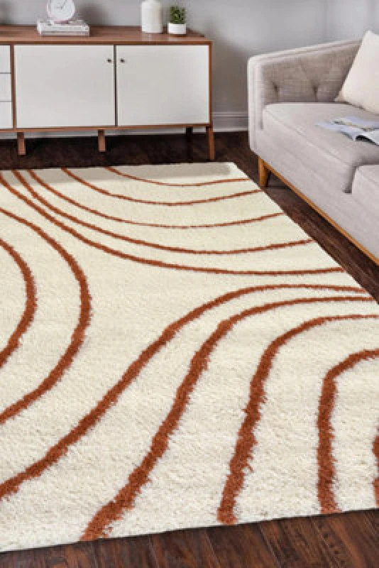 Image of Melrose Shaggy Iso Ivory Patterned Orange Wave Lines Indoor Large Area Rug 160/230Cm