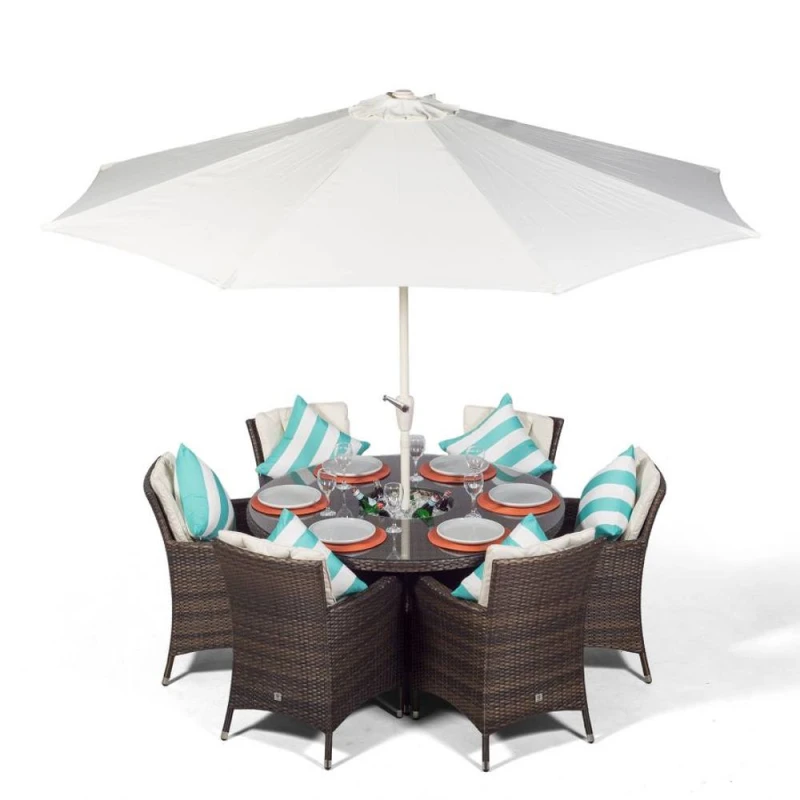 Image of Thats Furniture Savannah Round 6 Seater Patio Dining Set with Ice Bucket Drinks Cooler in Brown Brown Unisex