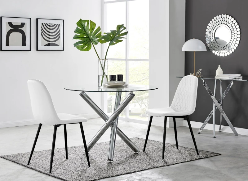 Image of FurnitureboxUK FurnitureboxUK Selina Round Glass Chrome Leg Dining Table and 2 Corona Black Leg Chairs in Off White Size: 2 Person Off White 2 Perso