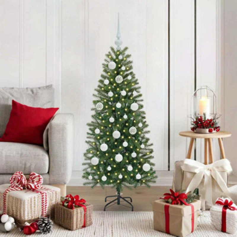 Image of vidaXL Artificial Christmas Tree with 150 LEDs, White Balls Green 120 x 75cm PE and PVC, Green 3397331