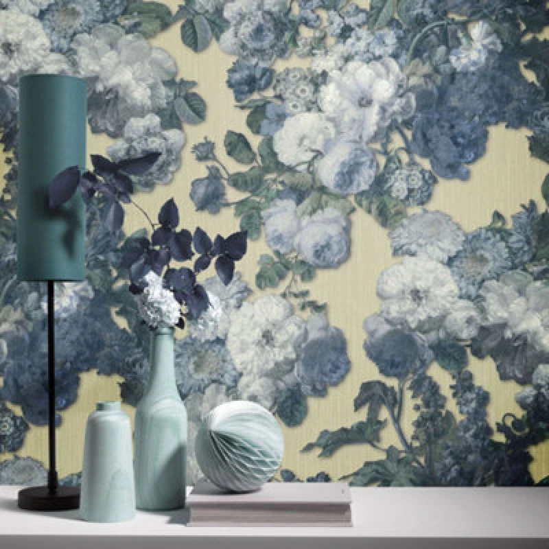 Image of Galerie Elle Decoration Teal Light Gold Floral Baroque Embossed Wallpaper