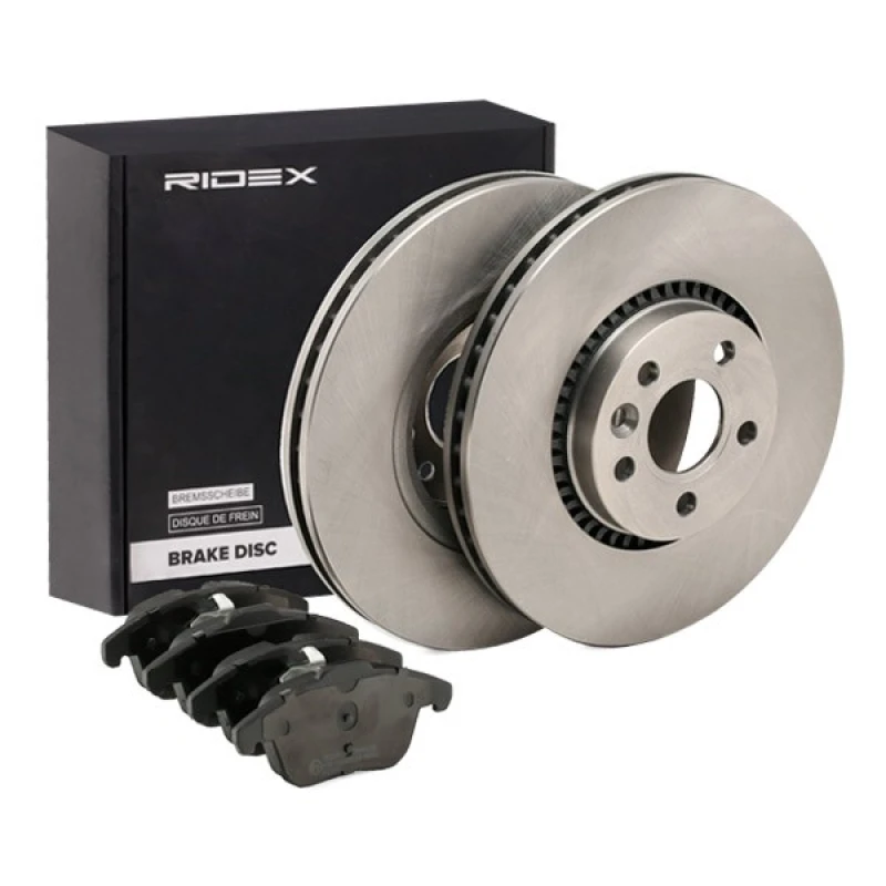 Image of RIDEX 3405B1119 Brake disc and pads set Front Axle, Brake Disc Type: Externally Vented, not prepared for wear warning indicator, with piston clip Bra