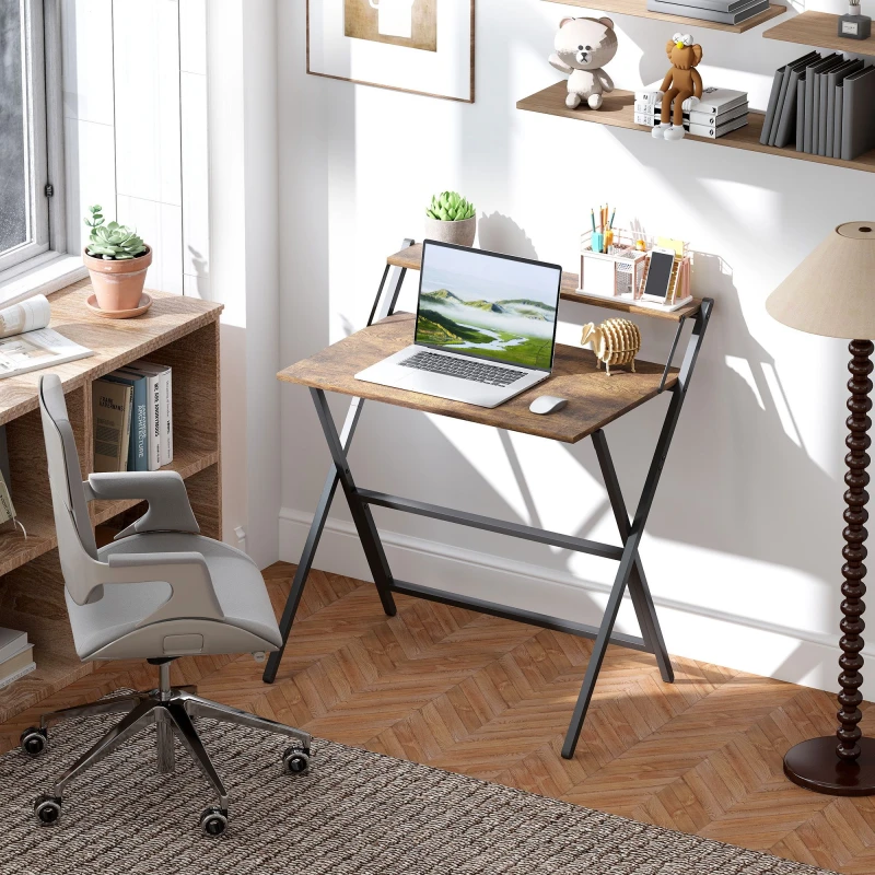 Image of HOMCOM HOMCOM Small Folding Desk w/ Monitor Shelf 81.5cm Foldable Computer Desk in Brown Size: Large Brown Large Unisex 5063603233607