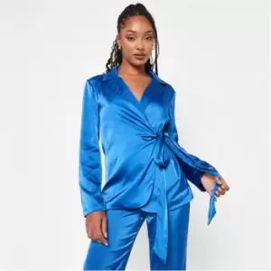 Image of Missguided Satin Tie Side Blazer - Blue