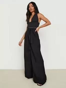 Image of Boohoo Linen Belted Wide Leg Trouser - Black, Size 8, Women