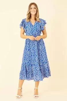 Image of Blue Ditsy Print Midi Dress With Frill Sleeve