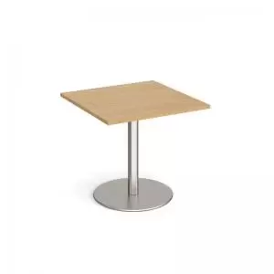 image of Monza square dining table with flat round brushed steel base 800mm -