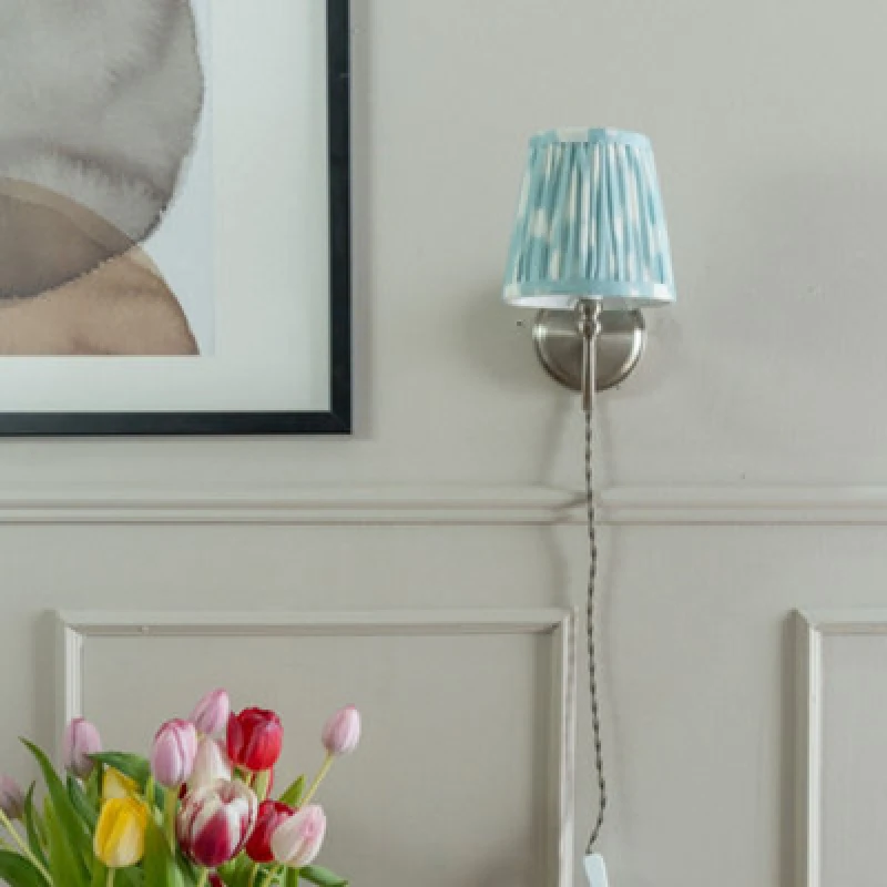 Image of Valuelights Neely Plug In Brushed Chrome Easy Fit Wall Light With Blue Pleated Fabric Tapered Lampshade - Bulb Included