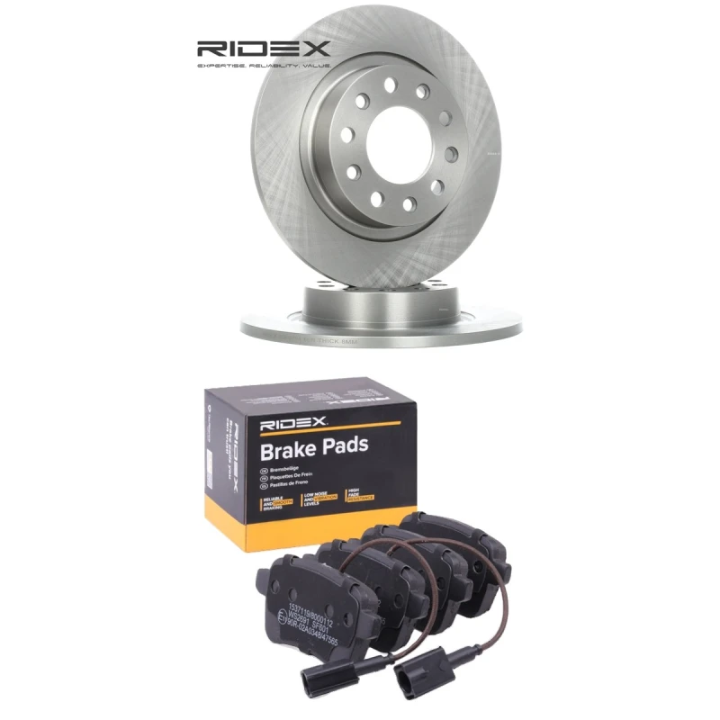 Image of RIDEX 3405B3338 Brake disc and pads set Rear Axle, Brake Disc Type: Solid, with integrated wear sensor Brake Set,disc brakes (3405)
