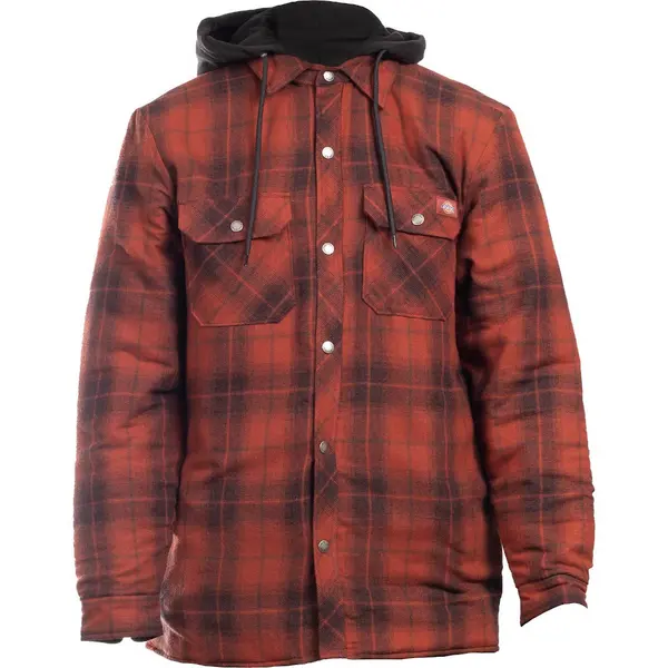 Image of Dickies Mens Fleece Hooded Flannel Shirt Overshirt Jacket L - Chest 42-44' Brick DIC039-BRICK-L