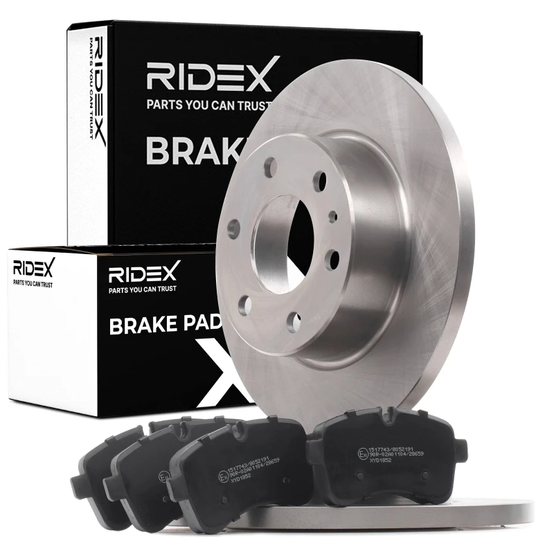 Image of RIDEX 3405B0437 Brake disc and pads set Rear Axle, Brake Disc Type: Solid Brake Set,disc brakes (3405)