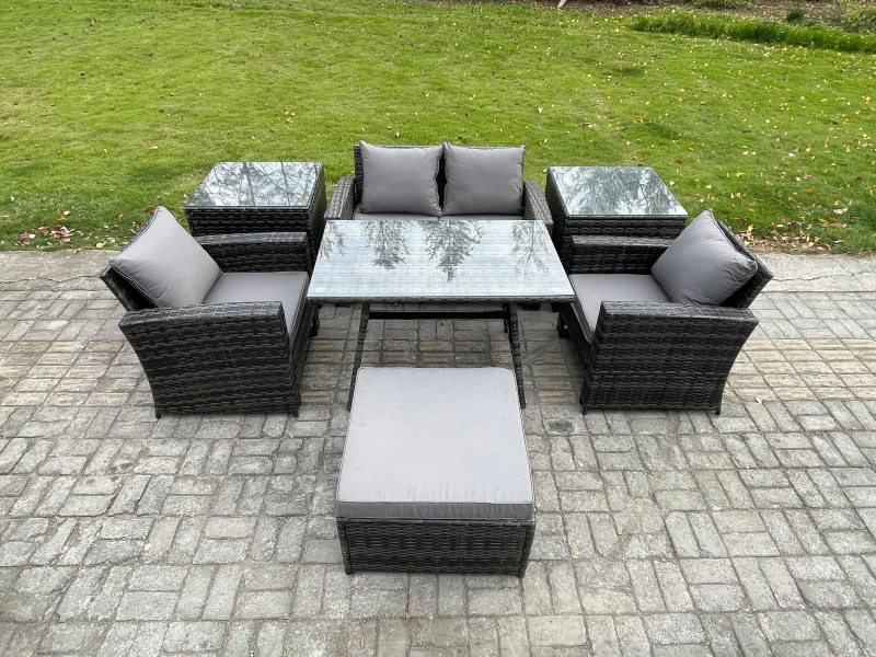 Image of Fimous 5 Seater Outdoor Garden Furniture High Back Rattan Sofa Dining Table Set with 2 SideTables Big Footstool in Dark Grey Dark Grey Unisex