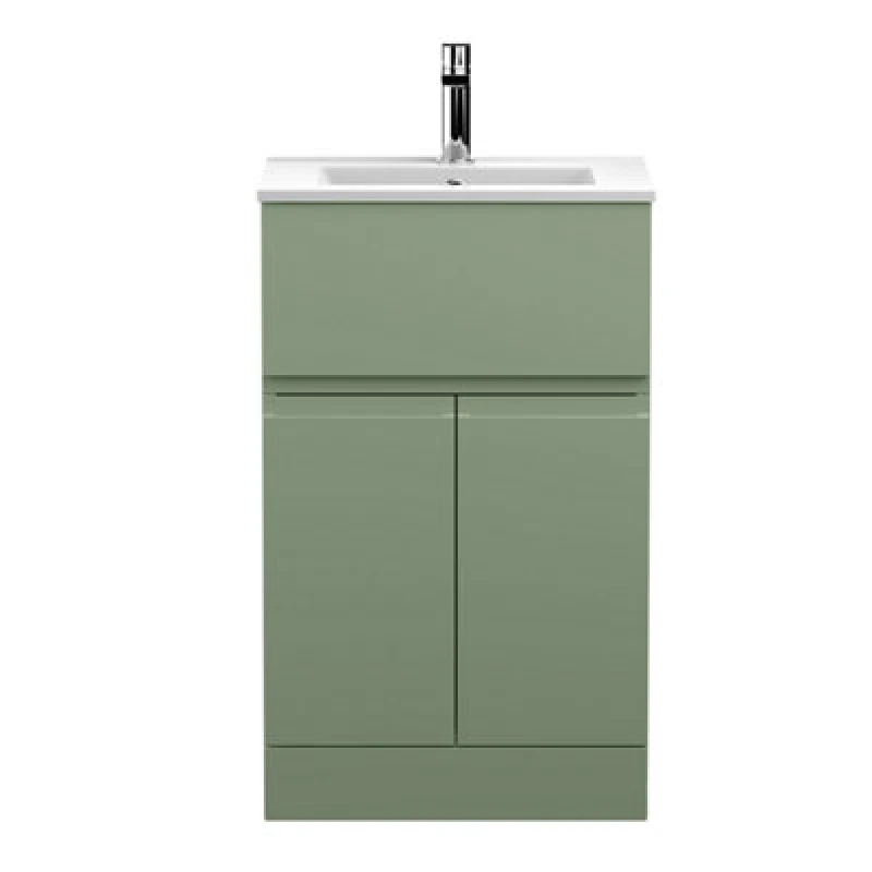 Image of Hudson Reed Urban Floor Standing 2 Door 1 Drawer Vanity Unit With Minimalist Basin, Modern Vanity Unit In Satin Green, 500mm