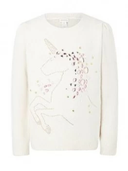 Image of Monsoon Girls Unicorn Hotfix Jumper - Ivory, Size Age: 9-10 Years, Women