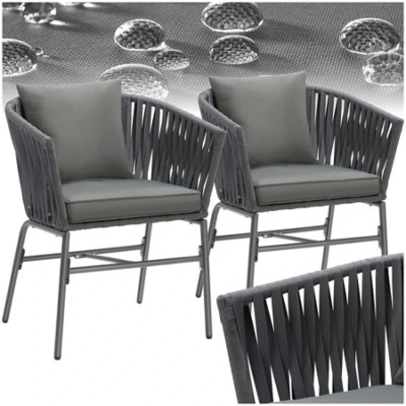 Image of Tectake Accent Chair Valeiras - Woven Rope Design, Thick Cushions, 60 X 61 X 77Cm - Dark Grey/dark Grey - Set Of 2