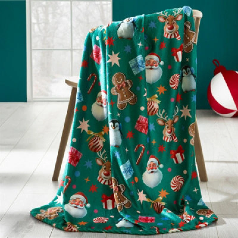 Image of Catherine Lansfield Christmas Icons Blanket/throw For Sofa Chair Bed Green 130X170Cm