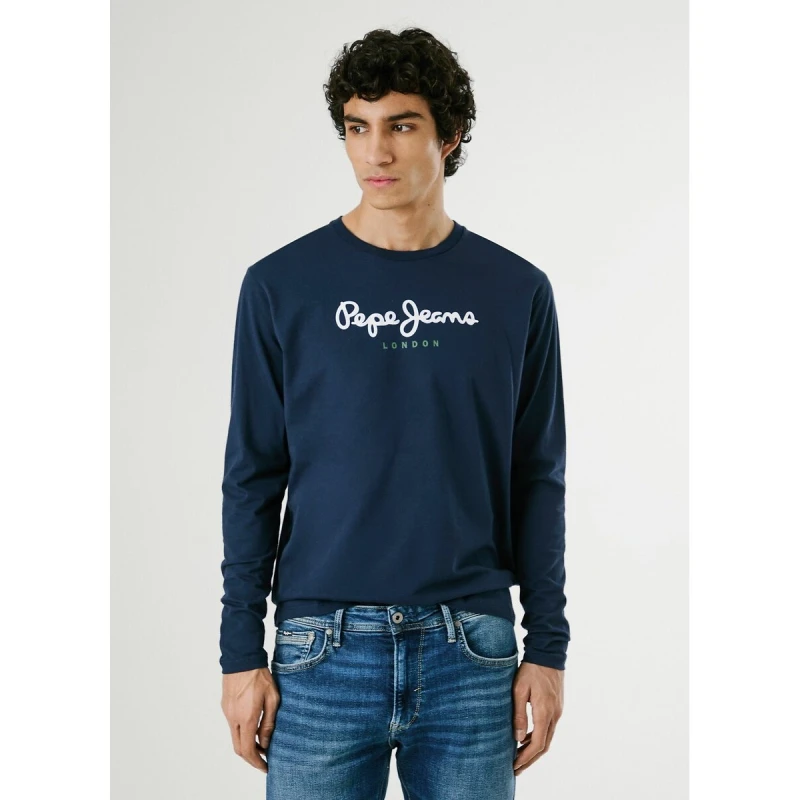 Image of Pepe Jeans Eggo Crew Neck T-Shirt with Long Sleeves Navy Blue Cotton L