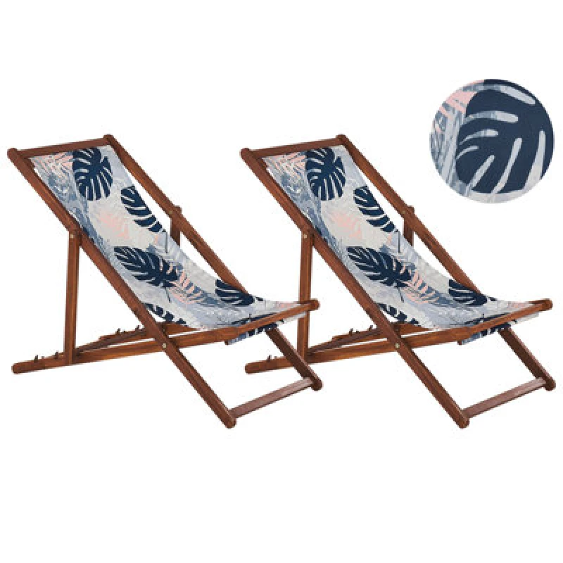 Image of BELIANI Beliani - Set of 2 Folding Deck Chairs Sun Loungers Dark Acacia / Palm Leaves Pattern Anzio 311748