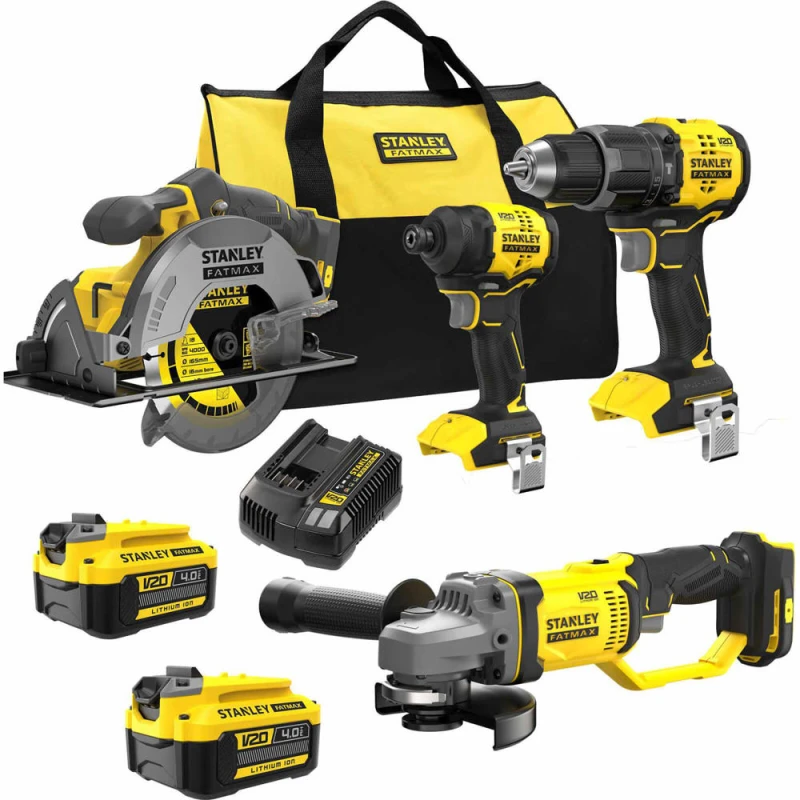 Image of Stanley FatMax V20 4 Piece 18v Cordless Power Tool Kit 2 x 4ah Li-ion Charger Bag SFMCK459M2S