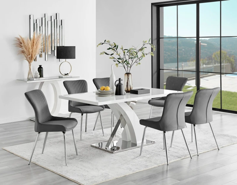 Image of FurnitureboxUK FurnitureboxUK Atlanta 6 White Dining Table and 6 Nora Silver Leg Chairs in Dark Grey Dark Grey One Size Unisex 5056657168582