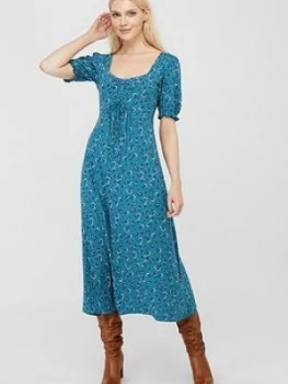 image of Monsoon Dua Ditsy Print Organic Cotton Tea Dress - Teal