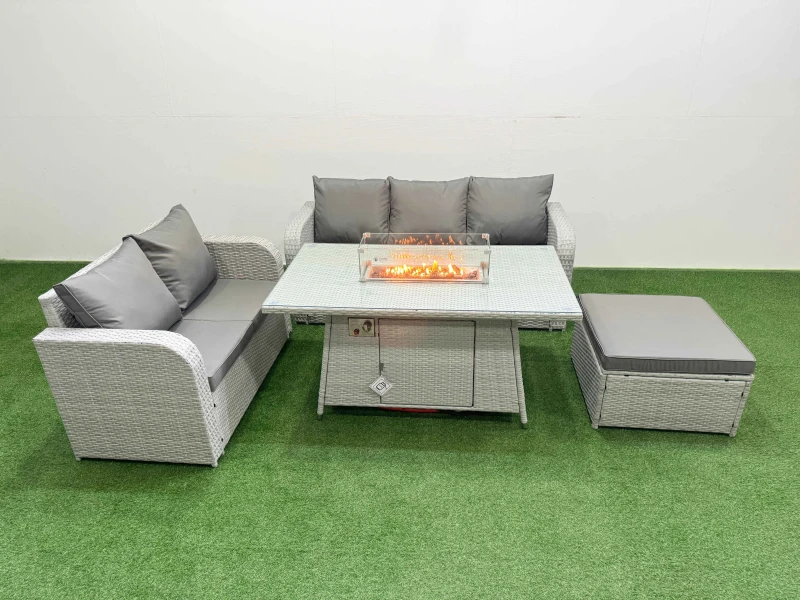 Image of Fimous 6 Seater PE Rattan Wicker Garden Furniture Patio Conservatory Sofa Set with Firepit Dining Table 3 Seater Sofa Love Sofa Big Footstool Light Gr
