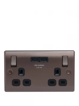 image of British General Black Nickel Double Switched Socket With X2 USB Sockets - 3.1A