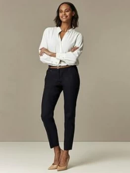 Image of Wallis Cotton Belted Cigarette Trousers - Navy Blue, Size 10, Women