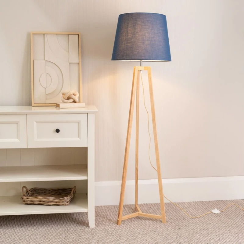 Image of ValueLights Lottie Natural Wood Tripod Floor Lamp with Fabric Tapered Shade Blue