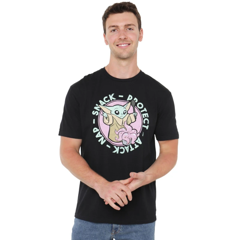 Image of Star Wars Men Star Wars The Mandalorian Baby Yoda Grogu Protect Attack Nap Snack Mens T-Shirt Black Size: Small Black S Male 5052777759242