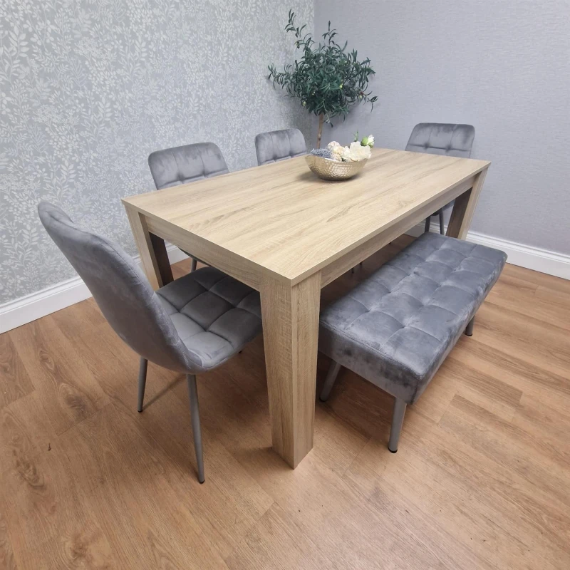 Image of KOSY KOALA KOSY KOALA Dining Table and 4 Chairs With Bench Oak Effect Wood Table 4 Grey Velvet Chairs Dining Room in Beige Size: 140cm x 80cm Beige