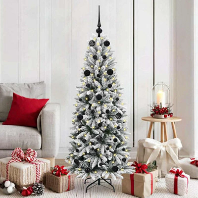 Image of vidaXL Artificial Christmas Tree with 150 LEDs, Black Balls White 63 x 63 x 150 cm, White 3396034