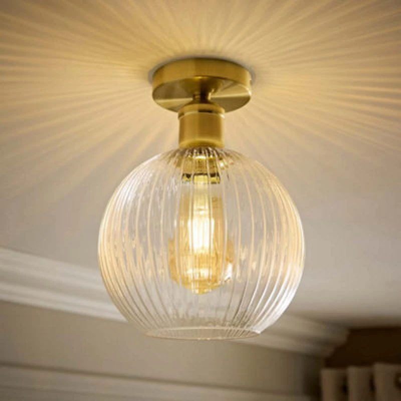 Image of Valuelights Maddison Clear Rib Glass Brushed Gold Flush Ceiling Light & Filament Bulb