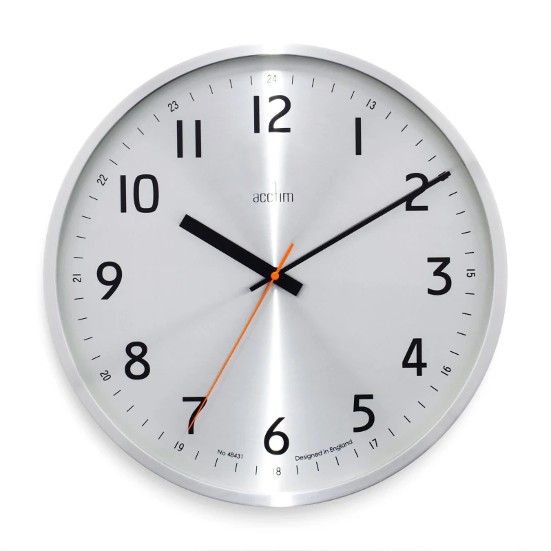 Image of Acctim Klar Wall Clock Non-Ticking Sweep Metal Case 12/24 Dial Quartz Brushed Metal 40cm Metallic Silver