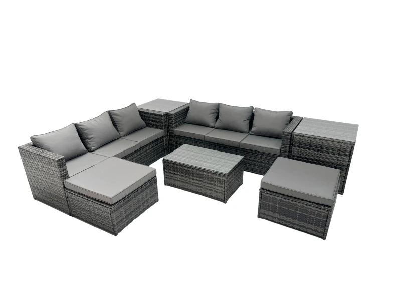 Image of Fimous 8-seater Patio Coffee Table Sofa Set with 2 Side Tables 2 Footstools in Dark Grey Dark Grey Unisex