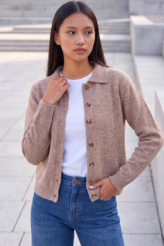 Image of Roman Womens Petite Collar Cardigan in Camel Size: 14 Camel Female 14