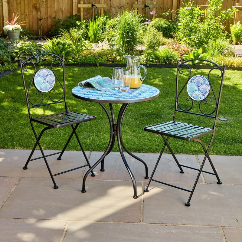 Image of Home Source Ocean Blue Shell Mosaic Outdoor Garden Bistro Patio Table And Chairs Set