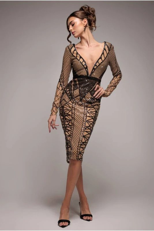 Image of Goddiva Womens Geometric Sequin Plunge Midi in Black Size: 18 Black Female 18