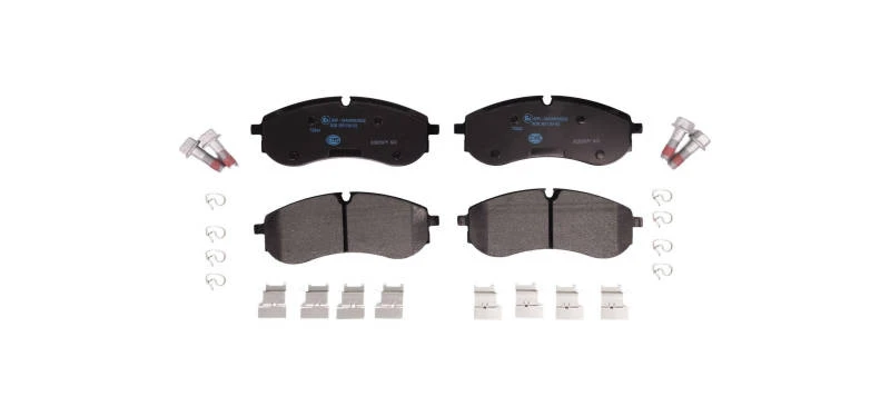 Image of HELLA 8DB 355 039-531 Brake pad set prepared for wear warning indicator, with accessories, with brake caliper screws Brake Pad Set,disc brake (402)