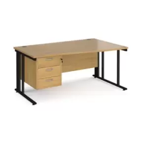 Image of Office Desk Right Hand Wave Desk 1600mm With Pedestal Oak Top With Black Frame Maestro 25 MCM16WRP3KO