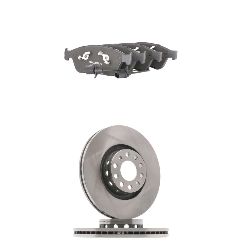 Image of RIDEX 3405B2580 Brake disc and pads set Front Axle, Brake Disc Type: Vented, incl. wear warning contact Brake Set,disc brakes (3405)