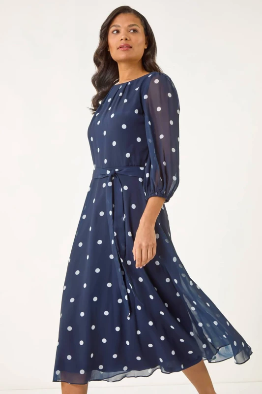 Image of Roman Womens Spot Print Chiffon Pleated Midi Dress in Navy Size: 10 Navy Female 10