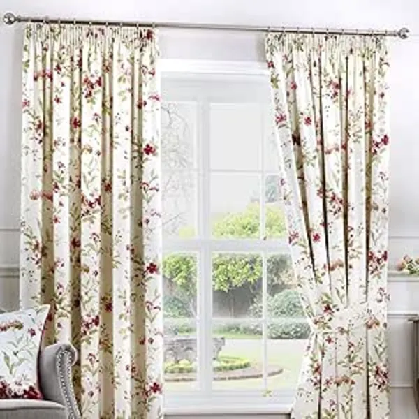 Fusion Jeannie Floral Pencil Pleat Lined Curtains, Red, 90 x 90" - Fusion 5055161609475